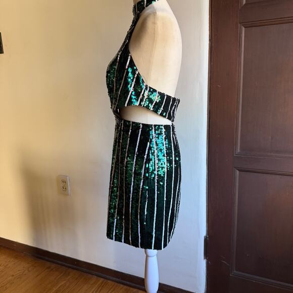 NBD x NAVEN | Green Black and White Striped Sequin High Neck Mini Dress | Small - Picture 3 of 8